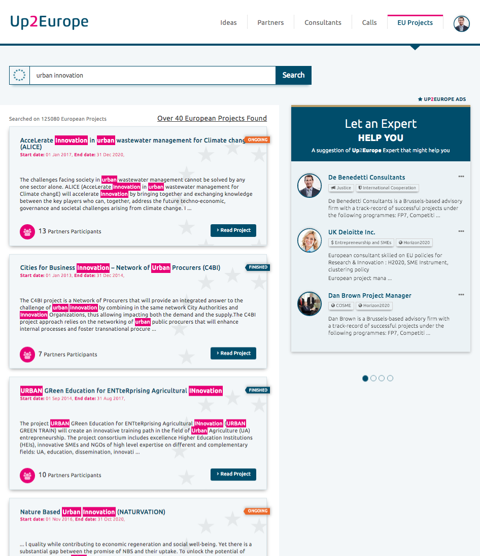 Experts visible in the widget:: Up2Europe platform